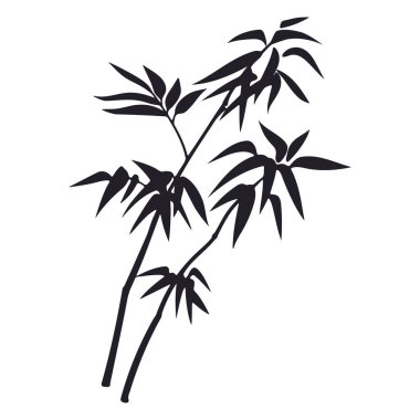 Bambu dalı silueti. Yapraklı karikatür siyah bambu filizi, tropikal orman bitkisi düz vektör çizimi. Beyaz arkaplanda orman bambu dalı