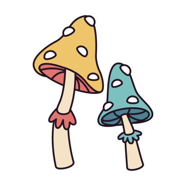 Çizgi film mantar ikonu. 70 'lerin komik hippi mantarı, 60' ların mantar sembolü düz vektör çizimi. Retro hippi mantar rozeti