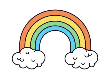 Çizgi film gökkuşağı ikonu. Komik psikedelik 70 'ler hippi gökkuşağı, 60' ların gökkuşağı sembolü düz vektör çizimi. Retro hippi gökkuşağı rozeti