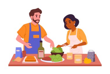 Yemek yapan çift. Evde aile yemekleri, lezzetli yemekler, ev yapımı düz vektör çizimleri. Ev yapımı yemek hazırlama