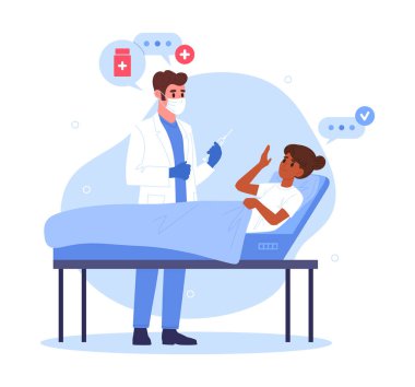 Doktor ve hasta. Adam hastaya, sağlık çalışanına ve kadın hasta düz vektör çizimine iğne yapıyor. Hastane çalışanı ve hasta kadın.