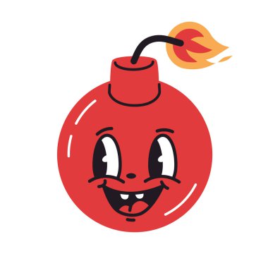 Komik bomba karakteri. Yanan fitili olan komik bir bomba, sevimli kırmızı bomba maskotu düz vektör çizimi. Komik yüzlü çizgi film bombası.