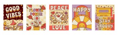 Şahane posterler. Çizgi film hippi elementleri psikedelik kartlar, klasik moda tasarım düz vektör arkaplan çizimi seti. Eski tarz komik 70 'lerin arka fonları