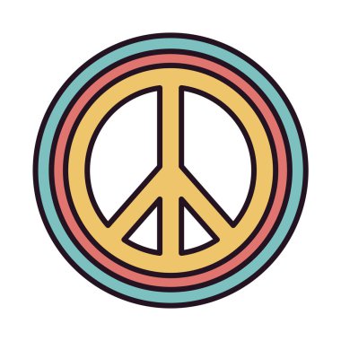 Barış simgesi. Çizgi film 70 'lerin hippi barış işareti, 60' ların barış çemberi sembolü düz vektör çizimi. Retro hippi barış işareti rozeti