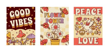 Retro hippi posterleri. Harika elementler, psikedelik pankartlar, 70 'lerin modası geçmiş düz vektör arkaplan çizimi. Çizgi film eski moda komik arka planlar