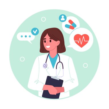 Kadın doktor portresi. Klinik doktoru Avatar, profesyonel hastane çalışanı düz vektör çizimi sunumu. Klinik doktoru kartviziti