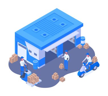 İzometrik bir depo. Depo binası dış ve kurye karakterleri, depo lojistik unsurları 3 boyutlu vektör illüstrasyonu. Teslimat hizmeti kavramı