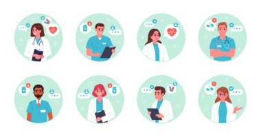 Tıp doktorları avatarlar. Klinik çalışanları portreleri, hemşire, doktor ya da cerrah sunumu, hastane çalışanları düz vektör çizimi. Tıp doktorları kartviziti