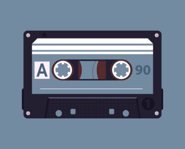 Eski usul ses kaset posteri. Retro müzik arka planı, pop müzik albümü kaset tasarımı düz vektör illüstrasyonu. Çizgi film müziği ses kayıt arkaplanı