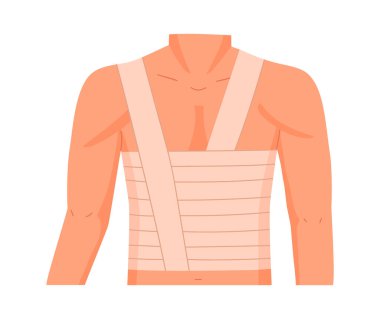 Yaralı vücut parçası bandajı. İnsan gövdesi bandajı, çıkık için acil tedavi, burkulma ve tendon hasarı düz vektör çizimi. Çizgi film yara bandajı.