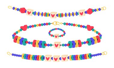 Arkadaşlık boncuğu bilezikleri. El yapımı plastik arkadaşlık mücevherleri, renkli boncuklu şirin aksesuarlar düz vektör çizimleri. Çizgi film arkadaşlık mücevherleri