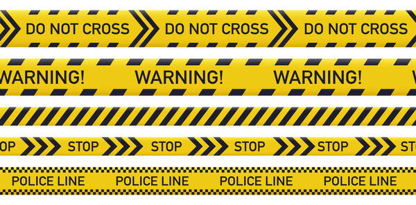 Warning yellow lines. Police crime barrier, caution danger ribbons and security tapes flat vector illustration set. Security line collection