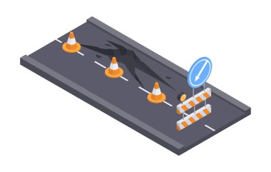 Çatlak şehir yolu. Isometric tehlike yolu bölümü, kentsel yol güvenlik bariyerleriyle çevrili 3D vektör illüstrasyonu. Şehir asfalt yolu yapım aşamasında