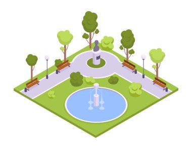 Isometric Şehir Parkı. Çeşme, banklar ve ağaçlar, modern şehir bahçesi çevresi 3D vektör illüstrasyonu. Beyaz arkaplanda şehir parkı