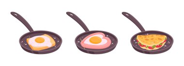 Tavada kızarmış yumurta. Çizgi film çırpılmış yumurta, tavuk yumurtası lezzetli kahvaltı tabakları düz vektör çizim seti. Kızartma tavasında lezzetli yumurta.