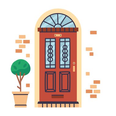 Evin ön kapısı. Apartman girişi, bina kapısı düz vektör çizimi. Ön kapı kapalı.