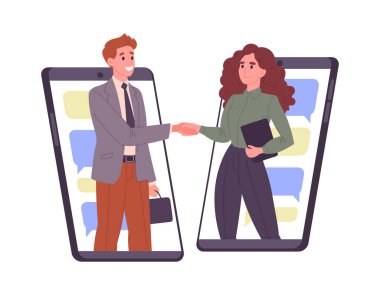 İş adamları ekranda tokalaşıyor. Uzaktan iş görüşmesi, çevrimiçi video konferans anlaşması düz vektör çizimi. İş anlaşması konsepti