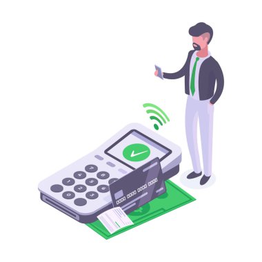 Bağlantı kurulamayan bir ödeme. Elektronik online ödeme konsepti, akıllı telefonlu bankacılık işlemi, mobil terminal ödemesi 3d vektör çizimi. Temassız banka ödemesi