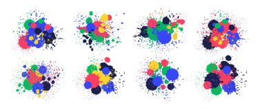 Boya damlaları. Renkli mürekkep spreyi, parlak boya lekeleri, soyut boya damlaları düz vektör çizimleri. Boya sıçraması beyaz arkaplanda izole edildi