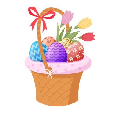 Bahar tatili çikolatalı yumurtaları sepete. Paskalya boyalı yumurta sepeti düz vektör çizimi. Renkli yumurtalarla dolu çizgi film sepeti.