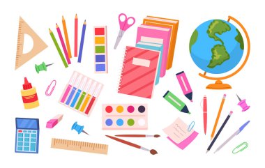 Çizgi film okul malzemeleri. Kırtasiye ve çalışma malzemeleri, cetvel, kalem, hesap makinesi ve küresel düz vektör çizim seti. Okul sembollerine geri dön