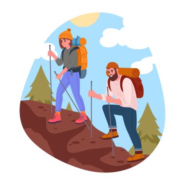 Aktif turist yürüyüşü. Çift dağa tırmanır, gezer ve sırt çantasıyla gezer, erkek ve kadın karakterler açık hava macerası düz vektör çizimi yapar. Dağ yolunda yürüyüş yapan turistler