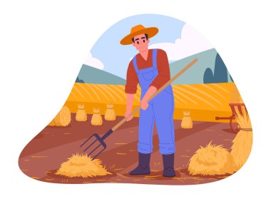 Saman yabasıyla tarım işçisi. Çiftçi samanla çalışıyor, kırsal kesimlerde düz vektör çizimi yapıyor. Çizgi film tarım çiftliği çalışma sahnesi