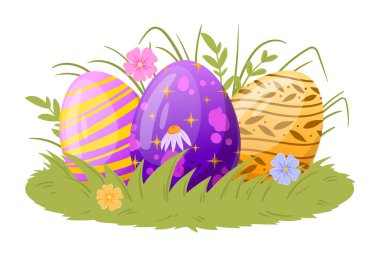 Çimlerin üzerinde Paskalya yumurtası boyası. Çizgi film dekoratif yumurtalar, mutlu Paskalya renkli yumurtalar düz vektör çizimi. Geleneksel bahar tatili boyalı yumurtalar