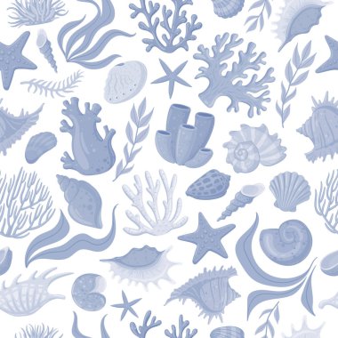 Deniz kabukları pürüzsüz desen. Sualtı faunası, denizyıldızı ve mercanlar, deniz tarakları, yumuşakçalar ve kabuklu deniz canlılarının düz arka plan çizimleri. Çizgi film deniz kabukları sonsuz tasarım