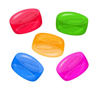 Jöleli şekerler. Çiğnenmiş meyveli sakız, çeşitli aromalı lezzetli tatlar düz vektör çizim seti. Çizgi film jölesi beyaz tatlı