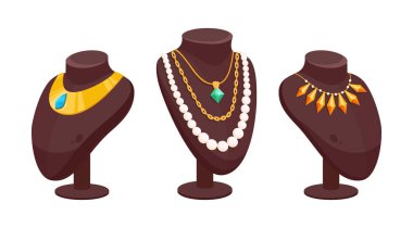 Kolye dükkanı vitrini. Değerli mücevher aksesuarları, bijouterie mağazasındaki göz alıcı mücevherler düz vektör çizim seti. Çizgi roman kuyumcusu.