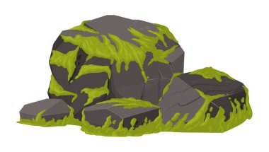 Yosunlu karikatür kaya. Orman yosun bitkileri gri kayalarda, yeşil sürünen yosunlar granit taş düz vektör çizimlerinde yetişir. Kaya üzerinde büyüyen bataklık yosunu