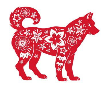 Yıldız falı köpek sembolü. Çin Yeni Yılı, doğuya özgü hayvan silueti, zodiac astrolojik takvim köpeğinin imzası düz vektör çizimi. Geleneksel yıldız falı ögesi
