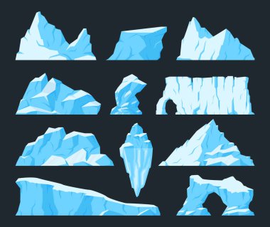 Buzullar. Kar antarktik buzdağları, devasa karlı dağlar ve çatlak buz kayaları düz vektör çizimleri. Karikatür donmuş buzdağları