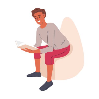 Okuyan adam. Erkek karakter, rahat koltukta kitap aşığı, kitaplı erkekler, edebiyat hayranları rahat pozisyonda düz çizim yapıyor. Evde kitap okuyan adam.