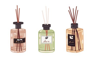 Kokulu aromatik difüzörler. Sıcak iç koku yayıcıları, ev parfümü esaslı yağlar ve bambu çubuklu sıvılar düz vektör çizim seti. Çizgi film aromaterapi yayıcı kavanozları