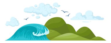 Çizgi film yaz manzarası. Doğa cenneti ada manzarası, yeşil tepeler, okyanus dalgası ve gökyüzü düz vektör çizimi. Okyanus manzaralı