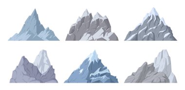 Çizgi film dağ zirveleri. Rocky sıradağları ve karlı zirveler, vahşi doğa manzarası dağları düz vektör çizimleri. Açık havada, buzlu dağ zirvelerinde