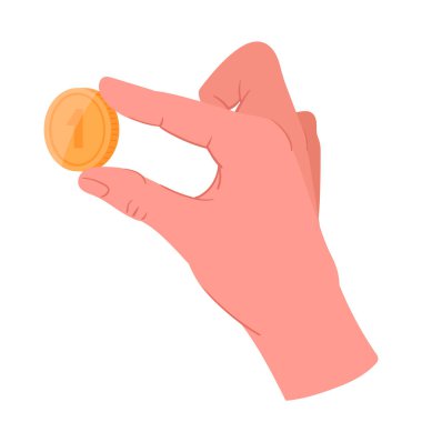Elinde altın para var. Avuç içinde nakit para, avuç içinde para olan insan eli düz vektör çizimi. Çizgi film el sikkesi