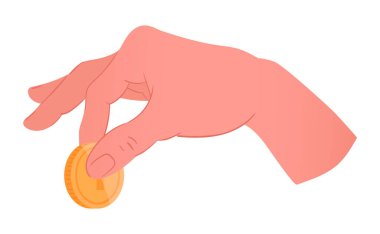 Avuç içinde nakit para var. Elinde altın sikke, elinde para olan insan avuç içi düz vektör çizimini değiştirir. Çizgi film el sikkesi