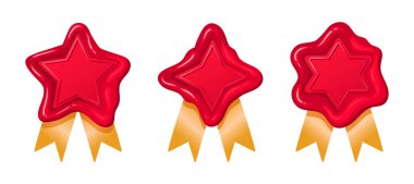 Yıldız balmumu mühürler. Retro posta balmumu mühürler, kırmızı balmumu mühür unsurları, altın ipek şeritler düz vektör çizim setiyle klasik parafin pulları. Balmumu mühür koleksiyonu