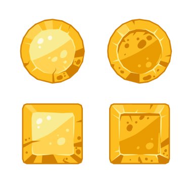 Altın oyun düğmeleri. Çizgi filmlerdeki çakıl taşları, kumar düğmeleri, altın kaya taşları düz vektör illüstrasyon seti. Beyaz üzerine taş düğmeler