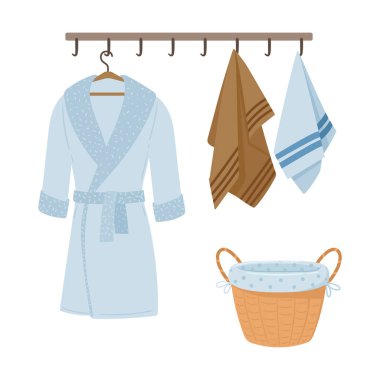 Banyo tekstili. Havlu ve bornoz asmak, pamuk banyosu tekstil düz vektör çizimleri. Çizgi film modern banyo tekstili