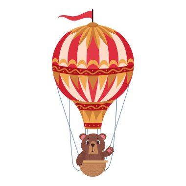 Kahverengi ayı sıcak hava balonuyla uçuyor. Düz vektör illüstrasyonunda sevimli bir hayvanla uçan sıcak hava balonu. Ayı karakteri geçmişe doğru uçuyor.