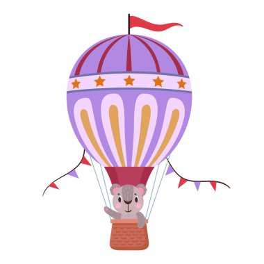Sıcak hava balonunda uçan sevimli koala. Düz vektör illüstrasyonunda hayvanlı sıcak hava balonu. Koala karakteri geriye doğru uçuyor.