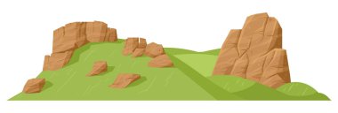 Yeşil dağ tepeleri. Çizgi film tepeleri, dağ yeşil zirvesi ve kayalık sıradağlar, doğa manzarası düz vektör çizimi. Açık hava dağ manzarası