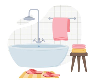 Modern banyo. Çizgi film banyo içi küvet ve duş, iç mekanlar düz vektör çizimi. Uygun minimalist banyo.