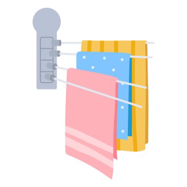 Ayak havluları asılıyor. Askıda tekstil havluları, kumaş el havluları düz vektör çizimleri. Çizgi film banyo havluları.