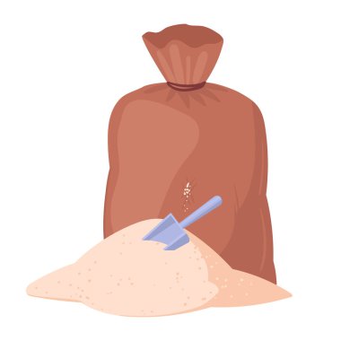 Çizgi film şeker torbası. Tekstil çuvalından dökülen şeker, tarımsal şeker paketi düz vektör çizimi. Şeker torbası beyaz üzerine