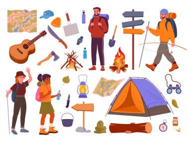Kamp malzemeleri ve karakterler. Açık hava yürüyüşü, sırt çantalı insanlar ve turist aletleri, çadır, şenlik ateşi ve balta düz vektör çizimi. Turizm ekipmanları ve karakter koleksiyonu